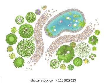 Vector illustration. Landscape design. Top view. Pond, path, trees and flowers. View from above.