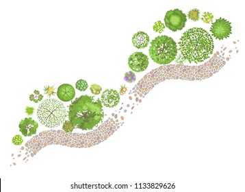 Vector illustration. Landscape design. Top view. Path, trees and flowers. View from above.