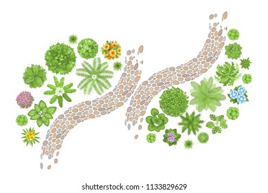 Vector illustration. Landscape design. Top view. Path, trees and flowers. View from above.