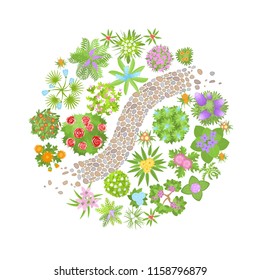 Vector illustration. Landscape design. Top view. Path and flower beds. View from above.