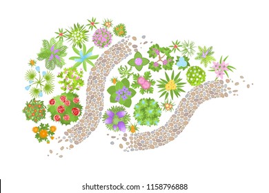 Vector illustration. Landscape design. Top view. Path and flower beds. View from above.