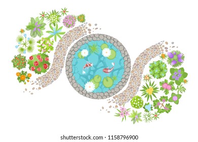 Vector illustration. Landscape design. Top view. Pond, path and flower beds. View from above.