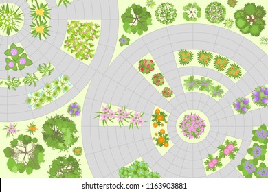 Vector illustration. Landscape design. Top view. Path and flower beds. View from above.