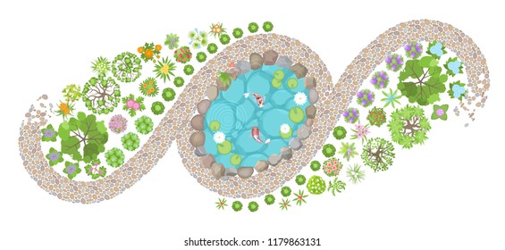 Vector illustration. Landscape design. Top view. Pond, path and flower beds. View from above.