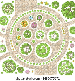 Vector illustration. Landscape design. Top view. Path, trees and flowers. View from above.