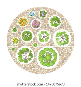 Vector illustration. Landscape design. Top view. Path, trees and flowers. View from above.