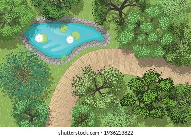 Vector illustration. Landscape design. Top view. Pond, wooden bridge, trees. View from above.