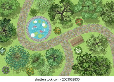 Vector illustration. Landscape design. Top view. Pond, path, trees and flowers. View from above.