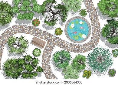 Vector illustration. Landscape design. Top view. Pond, path, trees and flowers. View from above.