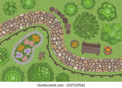 Vector illustration. Landscape design. Top view. Path, trees and flowerbed. View from above.