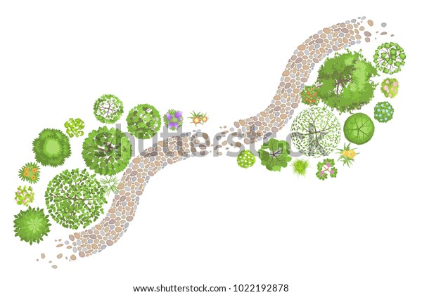 ベクターイラスト 横型デザイン 平面図 道 木 花 上から見る のベクター画像素材 ロイヤリティフリー