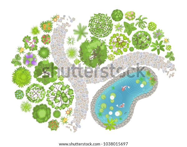ベクターイラスト 横型デザイン 平面図 池 道 木 花 上から見る のベクター画像素材 ロイヤリティフリー