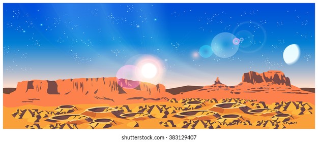 Vector illustration of landscape of a distant planet. The planet is covered with craters and rocks. Seamless horizontally if needed.