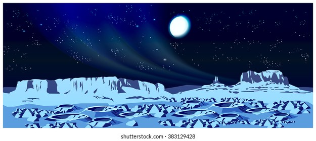 Vector illustration of landscape of a distant planet. The planet is covered with craters and rocks. Seamless horizontally if needed.
