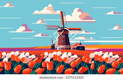Vector illustration of a landscape with Dutch tulips and windmills. For design posters and greetings
