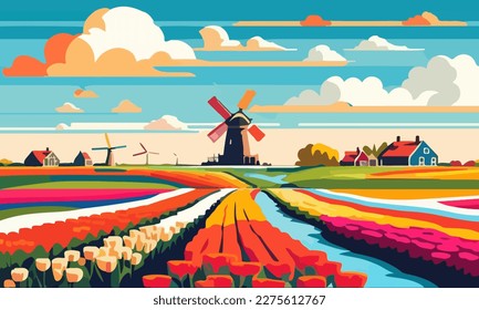 Vector illustration of a landscape with Dutch tulips and windmills. For design posters and greetings.