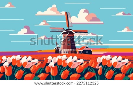 Vector illustration of a landscape with Dutch tulips and windmills. For design posters and greetings Stock foto © 