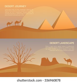 Vector illustration of landscape in Egypt desert, morning sunrise with camel train, convoy, caravan.  Scenic view of desert with nature pyramid, trees, sky, mountains and wild nature.