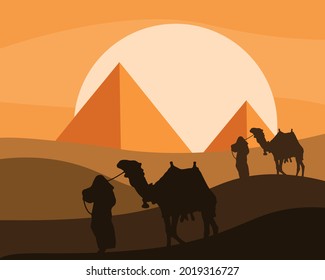 Vector illustration landscape Egyptian pyramids desert egypt camels are coming