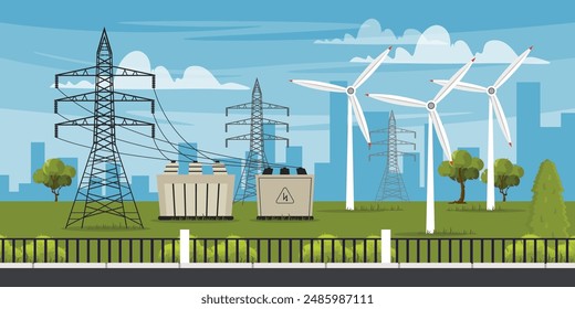 Vector illustration of landscape with electricity distribution elements.Cartoon scene of electrical grid system: high voltage towers, wind turbines, silhouettes of city buildings, trees,bushes, fence.