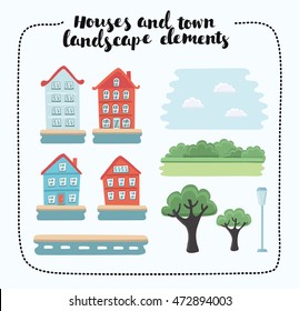 Vector illustration of landscape  elements and houses. Set of different kinds objects in the town
