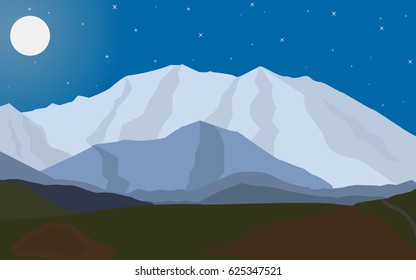 Vector illustration of a landscape of evening mountains with the moon.