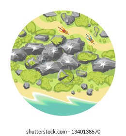 Vector illustration. Landscape with extreme cyclists. (Top view)
Mountains, hills, river, trees, cyclist. (View from above)