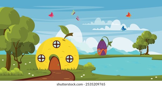 Vector illustration of a landscape with fairy houses. Cartoon scene of fruit houses with windows and doors, trees, bushes, flowers, river, mountains, butterflies, sky with clouds. Fantastic landscape.