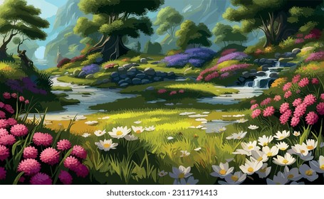 vector illustration of a landscape with a field of blooming bright flowers, distant misty mountains on the horizon in the spring season, floral landscape.