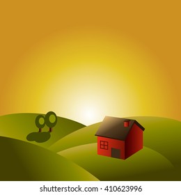 Vector Illustration of Landscape with Fields and Hills