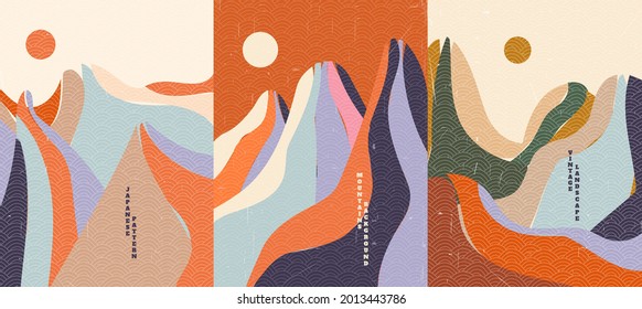 Vector illustration landscape. Flat design. Mountains and hills background collection. Japanese wave pattern. Grunge surface texture. Asian style. Design for poster, book cover, web template, brochure