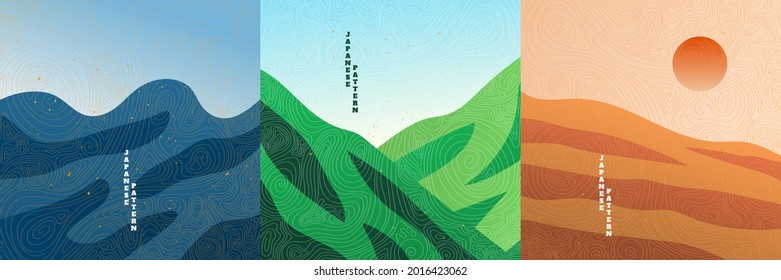 Vector illustration landscape. Flat design. Mountains and hills background collection. Linear wave pattern. Grunge wooden surface texture. Asian style. Design for web banner, social media template