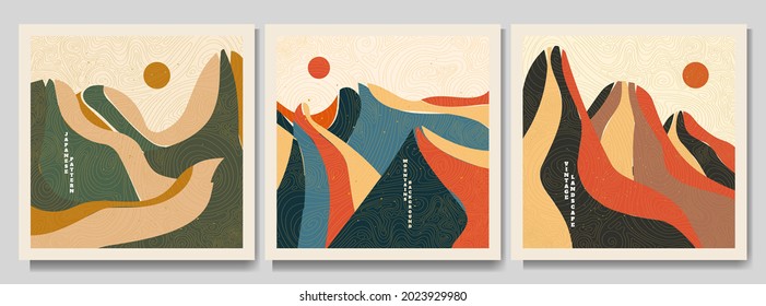 Vector illustration landscape. Flat design. Mountains and hills background collection. Japanese wave pattern. Grunge surface texture. Asian style. Design for web banner, social media template