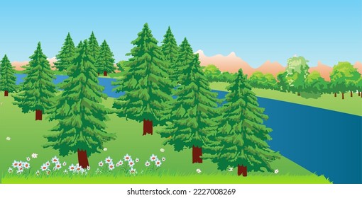 Vector illustration with a landscape with a forest aside of a river.  Far away in a distance can be seen the mountains.