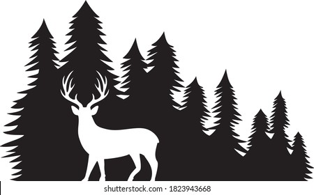 Vector illustration of landscape with forest and deer