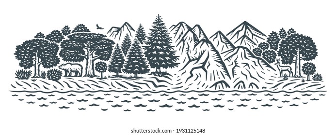 Vector illustration of a landscape. Forest and mountains. Monochrome version.