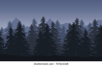 Vector illustration of a landscape with forest and mountains in the background under a gray night sky