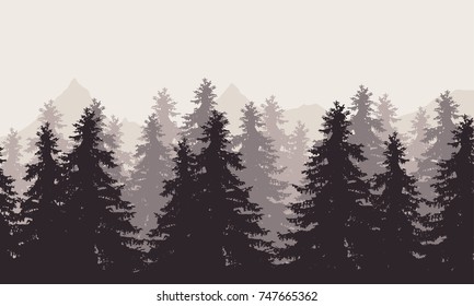 Vector illustration of a landscape with forest and mountains with fog in the background under a gray sky