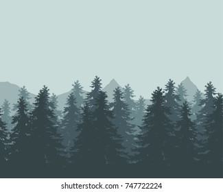 Vector illustration of a landscape with forest and mountains with fog in the background under a green sky