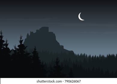 Vector illustration of a landscape with a forest and a ruin of a medieval castle under the sky with clouds