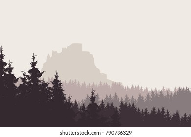 Vector illustration of a landscape with a forest and a ruin of a medieval castle