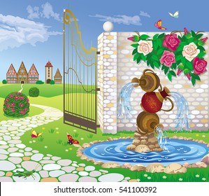 Vector illustration of a landscape garden with a fountain, through the open gate, you can see the valley and the city