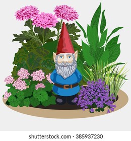 Vector illustration of a landscape gardening sculpture garden gnome at plans and flowers