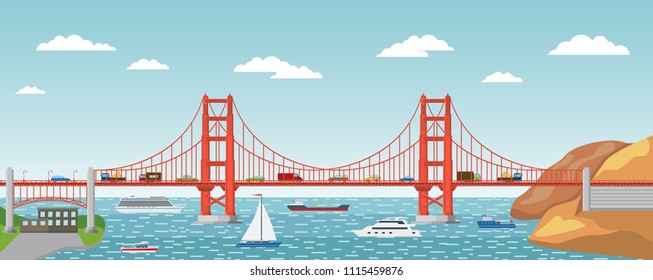 Vector illustration. Landscape of Golden Gate Bridge. Symbol of America.