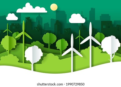 Vector illustration of landscape with green eco urban city, Earth day and world environment day concept, eps 10 vector.