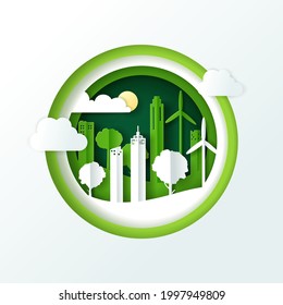 Vector illustration of landscape with green eco urban city, Earth day and world environment day concept, eps 10 vector.