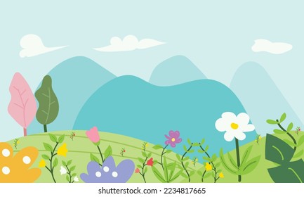 vector illustration of a landscape of green fields with mountains and full of blooming flowers.