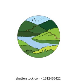 Vector illustration landscape with  green grass and river. Colored illustration in a circle. Travel and nature. Birds fly in the blue sky