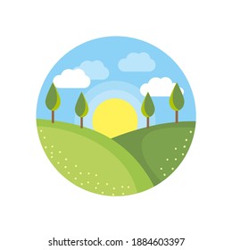 vector illustration of landscape of green hills and lush trees, with bright shining sunrise and white clouds and blue sky.  with a circle logo model