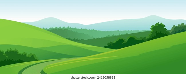 Vector illustration of a landscape of green meadows and fields. Beautiful panoramic summer village landscape with green fields and hills against a blue sky.